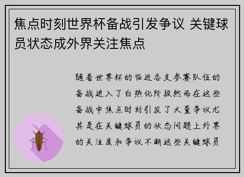 焦点时刻世界杯备战引发争议 关键球员状态成外界关注焦点 焦点时刻世界杯备战引发争议 关键球员状态成外界关注焦点